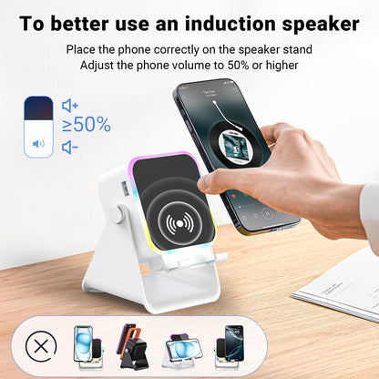 Wireless Induction Speaker 5-in-1 Bluetooth Speaker with Phone Stand,Stereo Sound